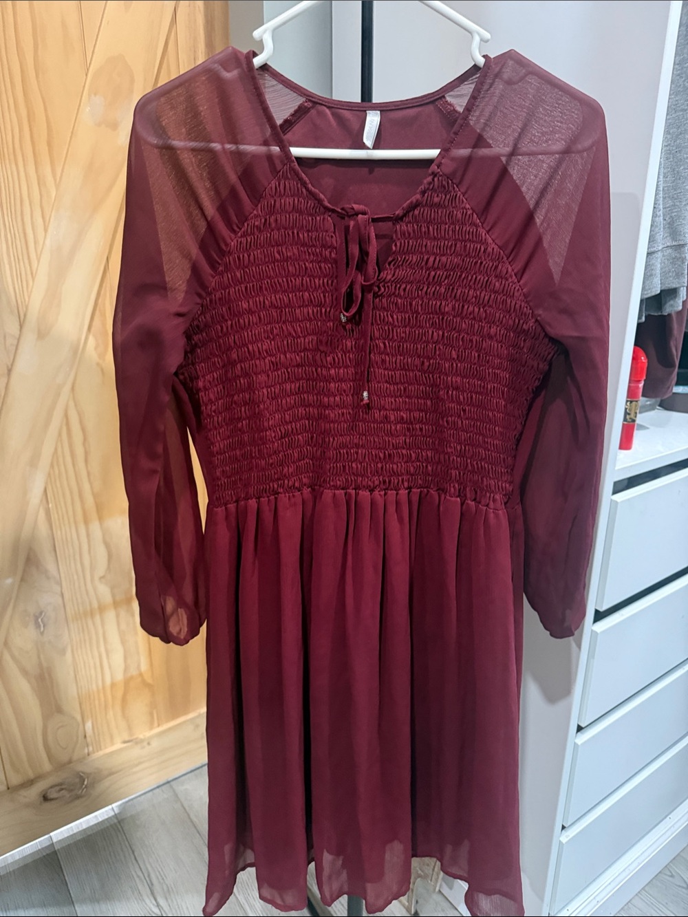 Vanity Burgundy Smocked Chiffon Dress for Women